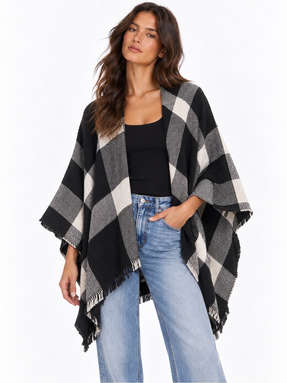 Black & White Plaid Oversized Poncho Wrap Cardigan One Size